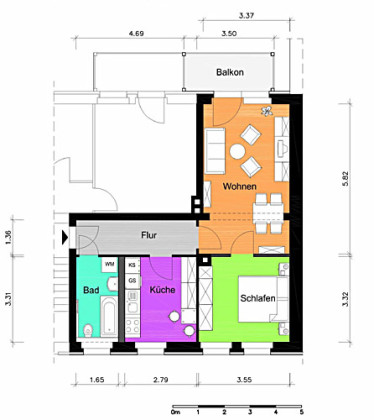 Grundriss Wohnung, 2 Zimmer (53,4 m²), Plauensche Straße 53, Gera