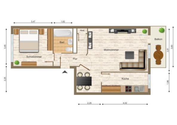 Grundriss Wohnung, 2 Zimmer (56,39 m²), Lärchenstraße 19, Gera