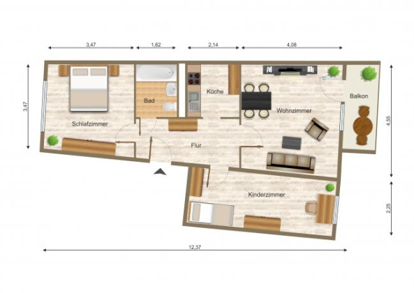 Grundriss Wohnung, 3 Zimmer (61,64 m²), Elsterberger Straße 27, Gera