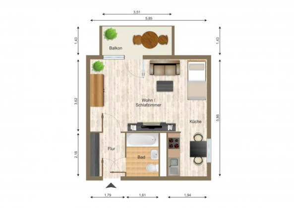 Grundriss Wohnung, 1 Zimmer (35,37 m²), Platanenstraße 10, Gera